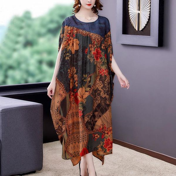 

casual dresses summer boho print mulberry silk beach maxi dress 2021 vintage loose 4xl plus size midi women elegant bodycon party vestido, Black;gray