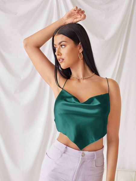 

draped collar criss-cross tie backless hanky hem cami 21ku#, White