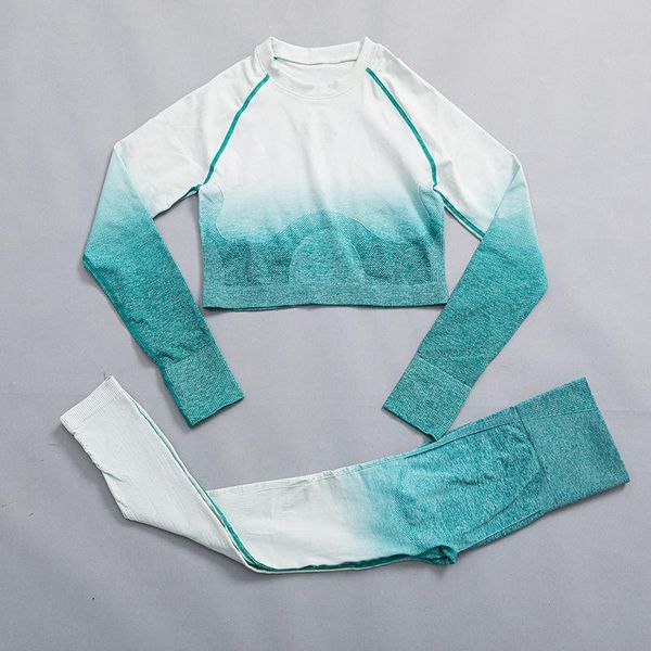 

yoga outfit ombre seamless set sport for woman gym clothing running high waist leggings long sleeve crop fitness sportswear