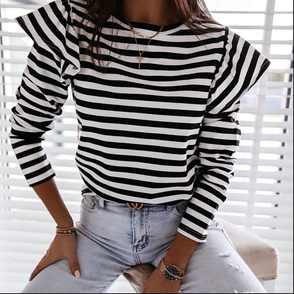 

striped long sleeve womens blouses party round neck ruffle clothes and autumn female, White