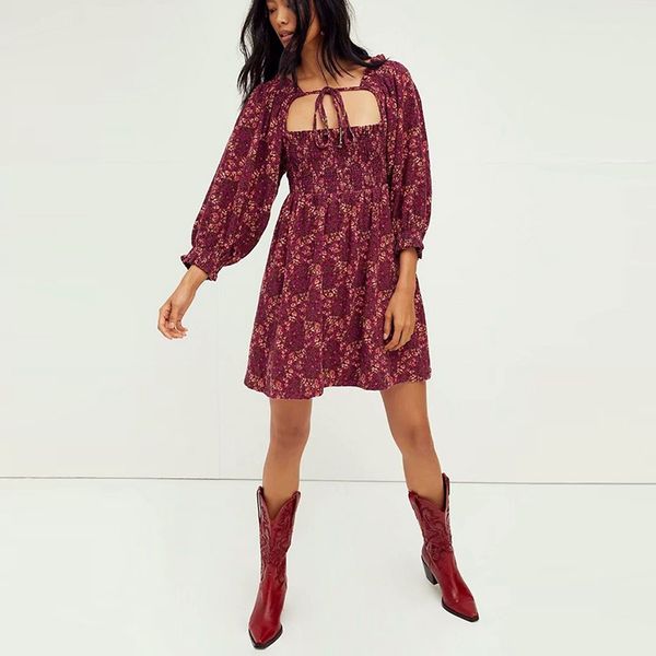 

fashion spring floral knee length dress women square collar ruffles lace up puff sleeve waist party nx9872 210525, Black;gray