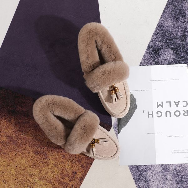 

woman slip on flats genuine leather 2018 winter new fur warm snow boots shoes tassel ladies luxury rabbit for flats shoes, Black