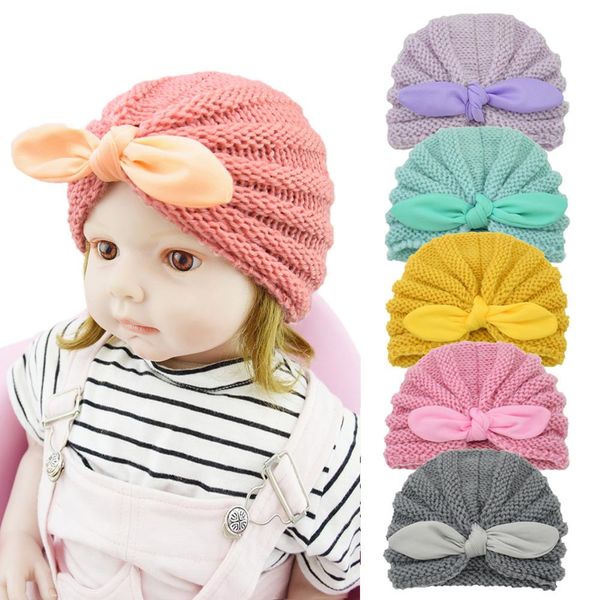 

infant baby hat bow wool headwear rabbit ears knitting children toddler kids indian turban knotted bunny ear hats 15 colors, Yellow