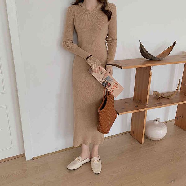 

korean version of the side slit womens casual pullover dress autumn hooded knitted dress ladies stretch sweater, Black;gray