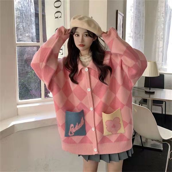 

cardigan women knitted diamond loose sweater loose students lovely korean fashion winter lazy style vintage kawaii clothing, White;black