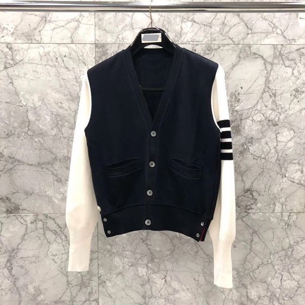 

hoodies fashion tb thom brand sweaters women slim fit v-neck cardigans clothing patchwork wool spring and autumn casual coat, Black