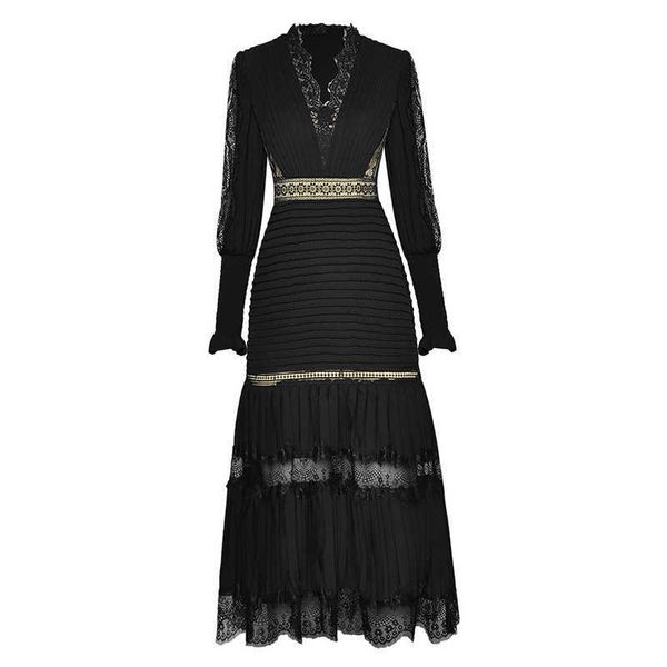

est fashion designer runway dress women's long sleeve lace fringed lantern hollow pleated 210526, Black;gray