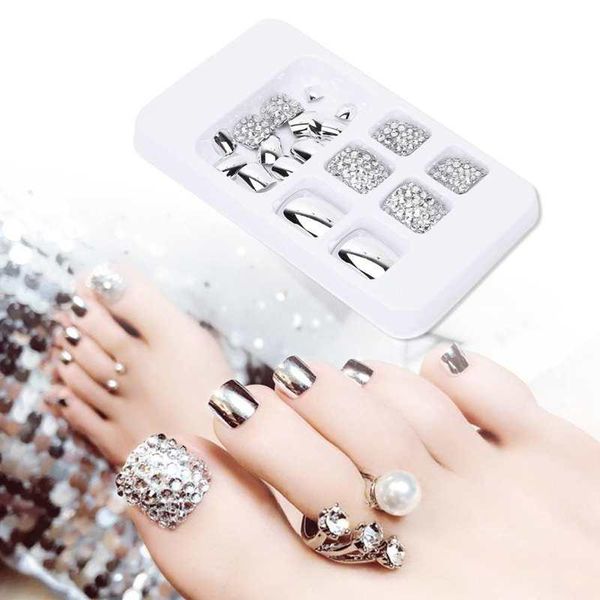 

false nails 24pcs summer shining toe women fake artificial full cover toenails beauty nail toes tips, Red;gold