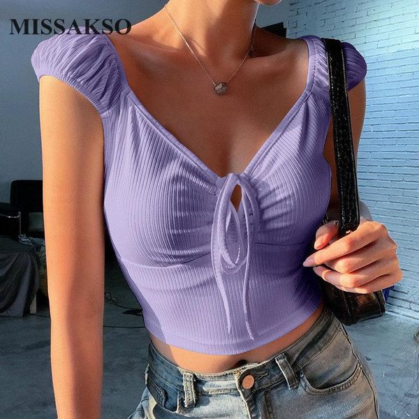 

women's t-shirt missakso summer solid ribbed crop lace up streetwear tank fashion v neck holiday slim women shirt black white purpl