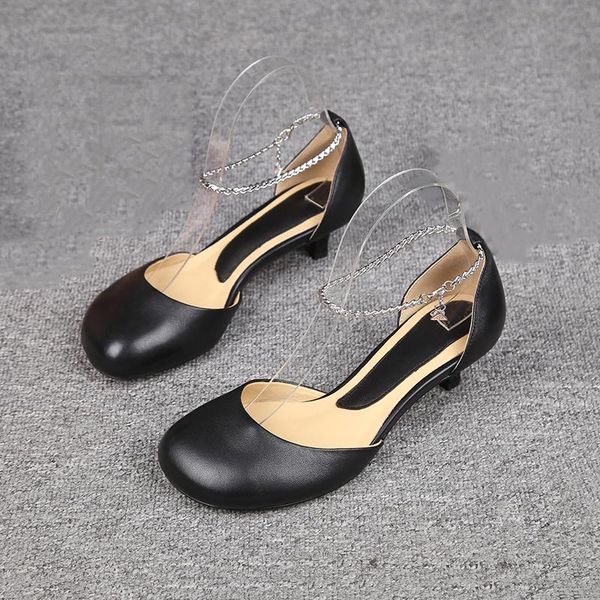 

dress shoes [deat] 2021 spring summer square toe shallow chains black pu leather small heels sandals for women fashion tide 10h550