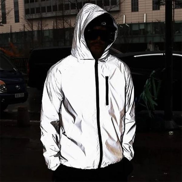 

plus size streetwear noctilucent men full reflective windbreaker waterproof jacket male high street hip hop loose hooded coats 211217, Black;brown