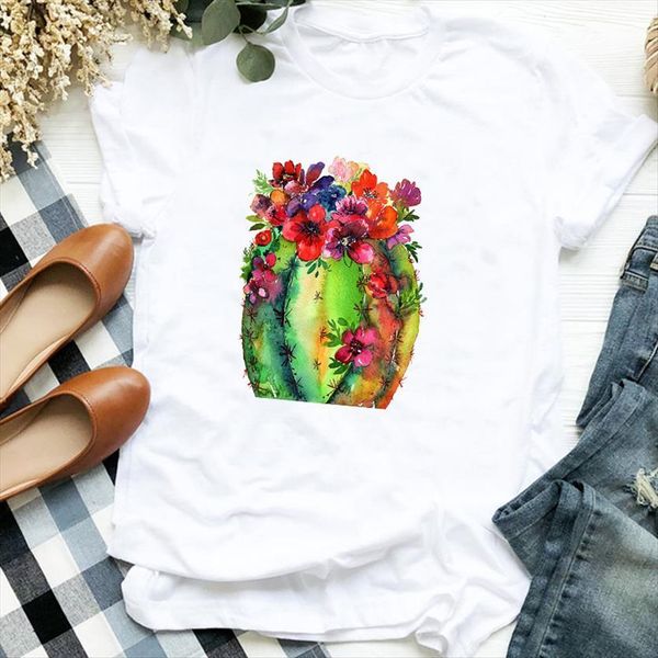 

cactus plant floral cute women t shirt 90s fashion trend clothing tee womens female clothes graphic, White