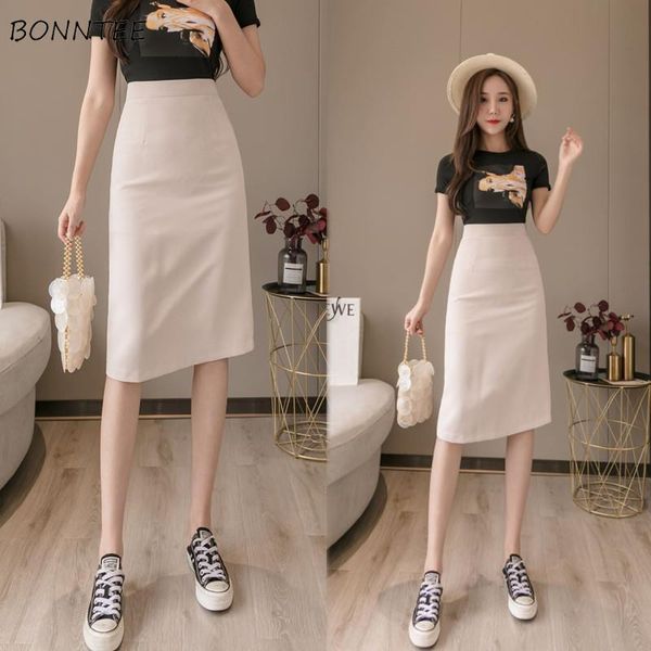 

skirts women solid zipper knee-length split elegant office lady slim korean style buttocks leisure all-match female, Black
