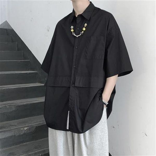

men's casual shirts solid cargo short-sleeved shirt clothing 2021 spring summer korean trend harajuku loose black vintage clothes, White;black