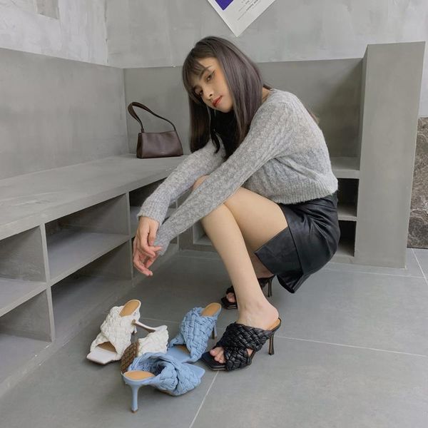 

cross strap women sandals slippers open toe slip on thin high heels blue/black/white casual fashion woven design summer pumps