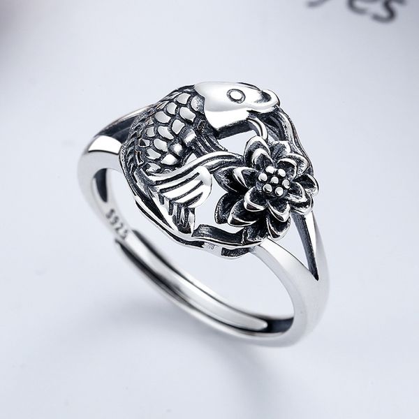 

s925 sterling silver, lotus ring, national fortune hunting carp, versatile lovers ring jewelry