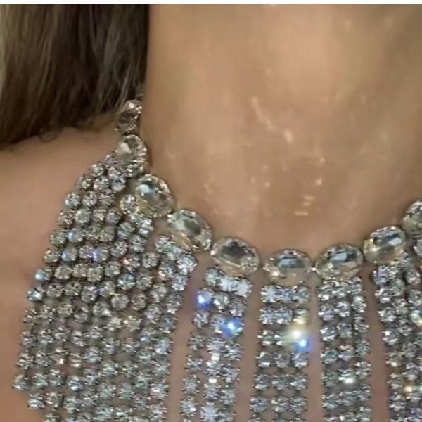 

chokers bling zircon crystal oval circle chain pendant choker necklace for women luxury rhinestone long tassel collar jewelry, Golden;silver