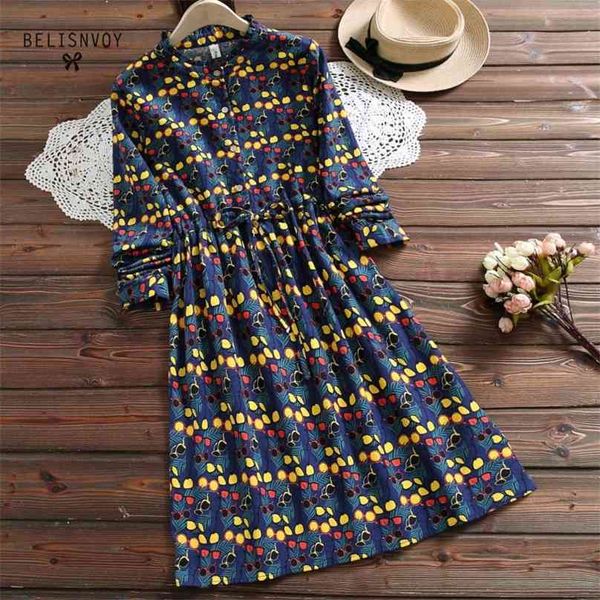 Giapponese Mori Girl Autumn Women Dress Colletto arruffato Abiti blu Abiti in lino di cotone stampato floreale 210520