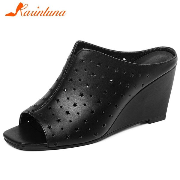 

slippers karin genuine leather ladies party outside fashion hollow summer women wedges high heels shoes woman, Black