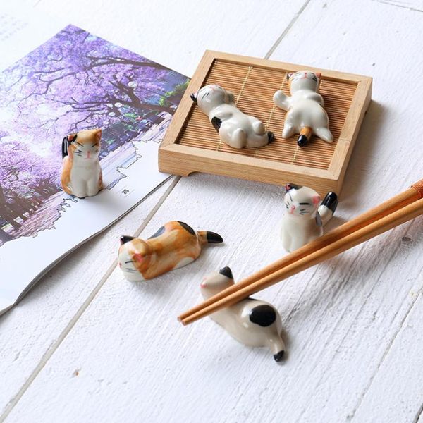 

chopsticks 6pcs ceramics rest dinner spoon stand fork holder - cat