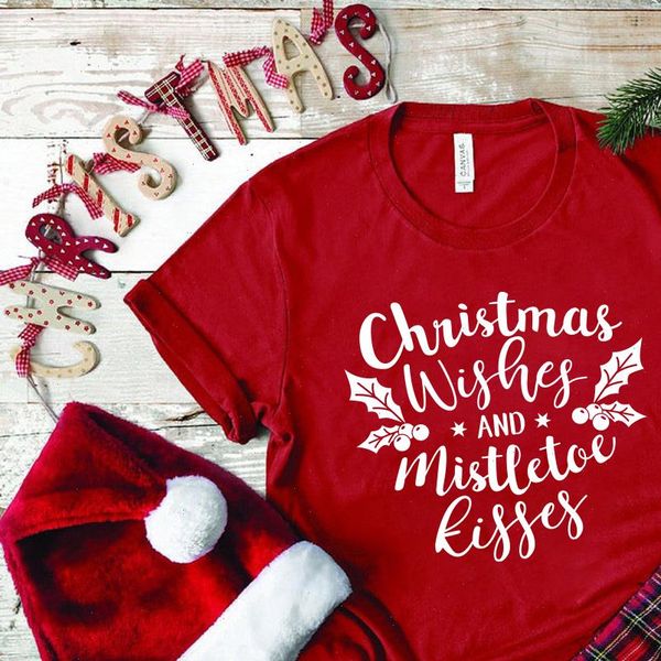 

christmas womens t shirt er and mistletoe kisses printed casual woman tshirts short sleeve cut women clothes aesthetic tee, White