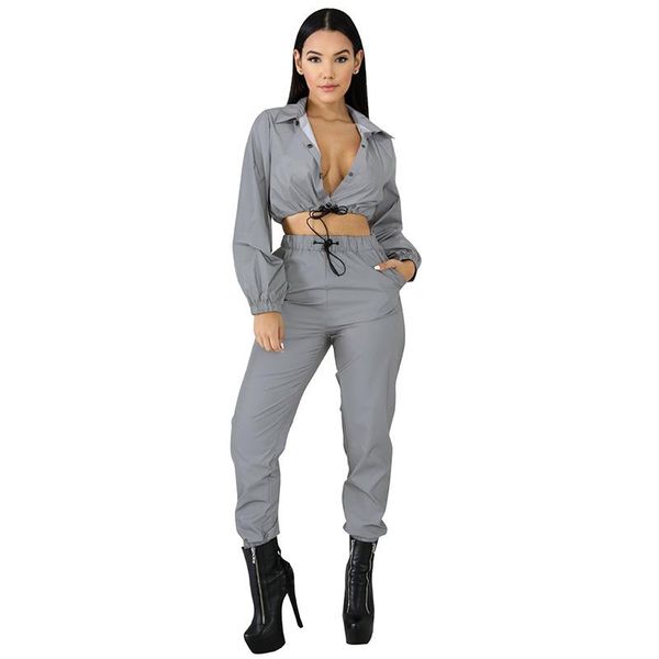 

echoine tracksuit women fashion trend reflective two-piece suit female jogging clothes long sleeve crop sets ladies women's tracks, Gray