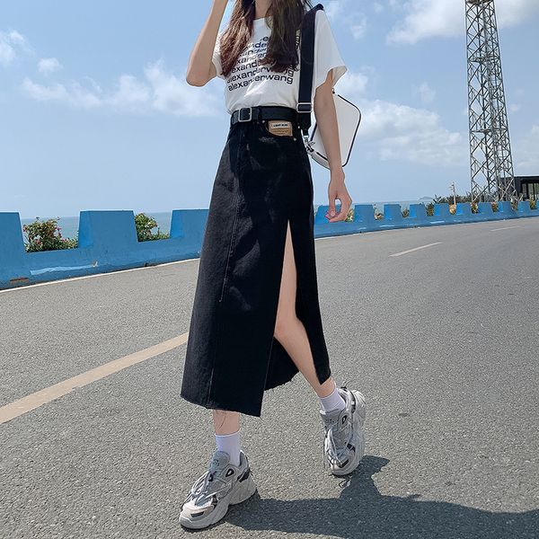

skirts denim mid length women's high waist a-line buttock skirt, Black