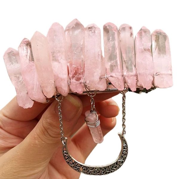 

hair accessories handmade natural stone spring french clip colorful raw crystal quartz barrette retro metal moon pendant hairgrip