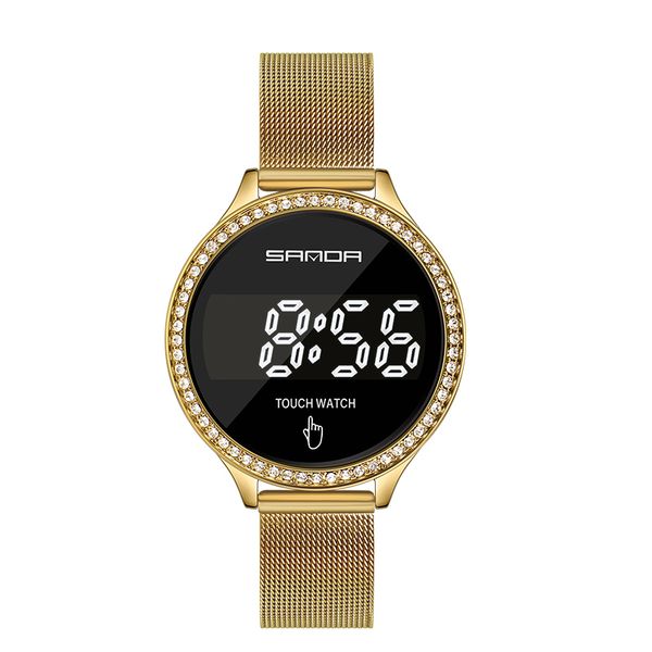 

sanda 8006 stylish touch screen led wristwatch for woman alloy case and shell hardness mineral glass 3atm luminous mesh belt stainless steel, Slivery;brown