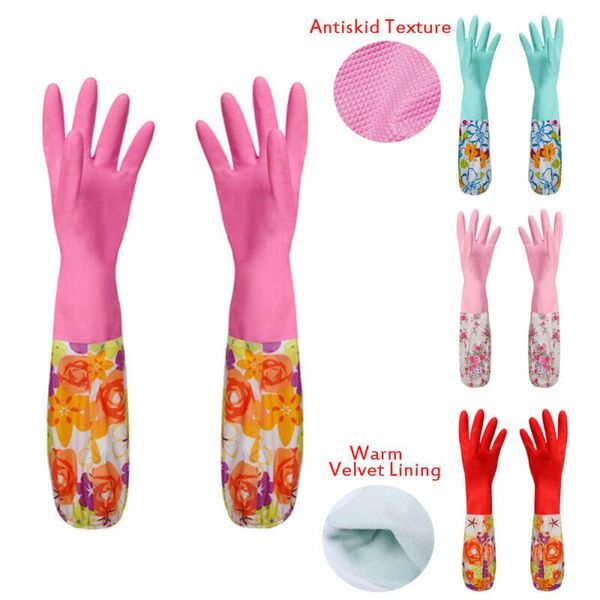 

disposable gloves 2021 winter flower rubber velvet inside long household warm antiskid dish washing cleaning