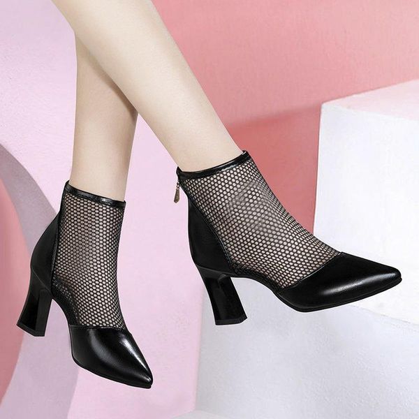 

gladiator sandals 2021 summer women ankle boots high heels dress shoes pointed toe hollow outs black sandalias botas 9074n