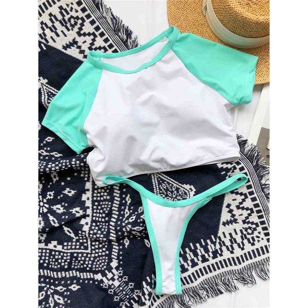 

splicing short sleeve high neck bikini women swimwear female swimsuit two-pieces bikini set thong bather bathing suit swim k2842