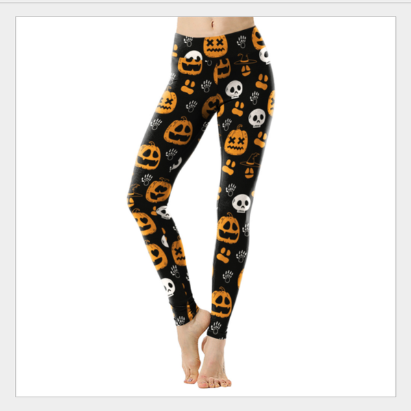 

women's leggings sweolso fashion pumpkin skull print elastic waist cosplay halloween women pants skinny female pant fitness leggins, Black
