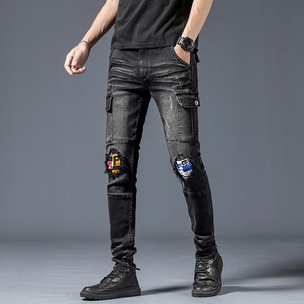 

men's jeans fashion design hole multi-pocket jeans amended casual letter thin korean vintage biker pants stretch 4dto, Blue