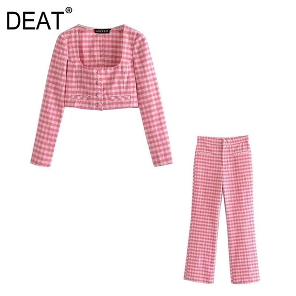 

[deat] summer fashion square collar long sleeve lattice shirt high waist flare pants women two-piece suit 13q362 210527, White