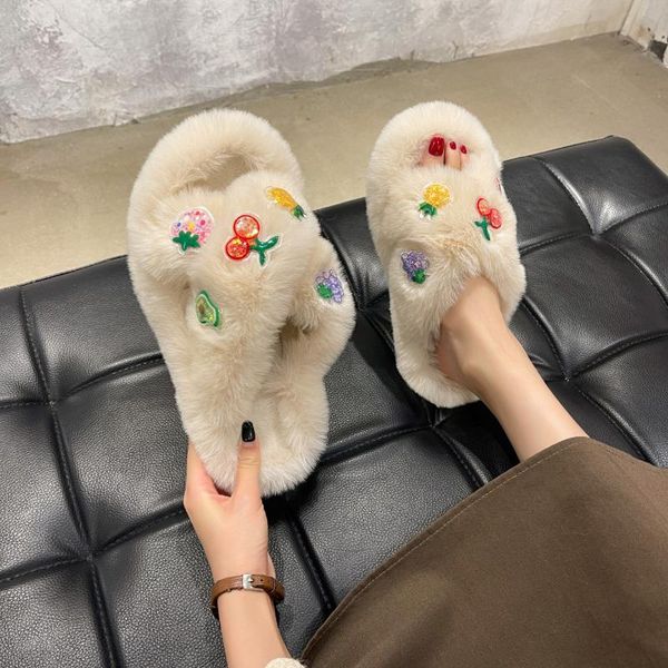 

slippers whnb 2021 autumn girl cross flat home floor shoes cute plush for women's outer wear, Black