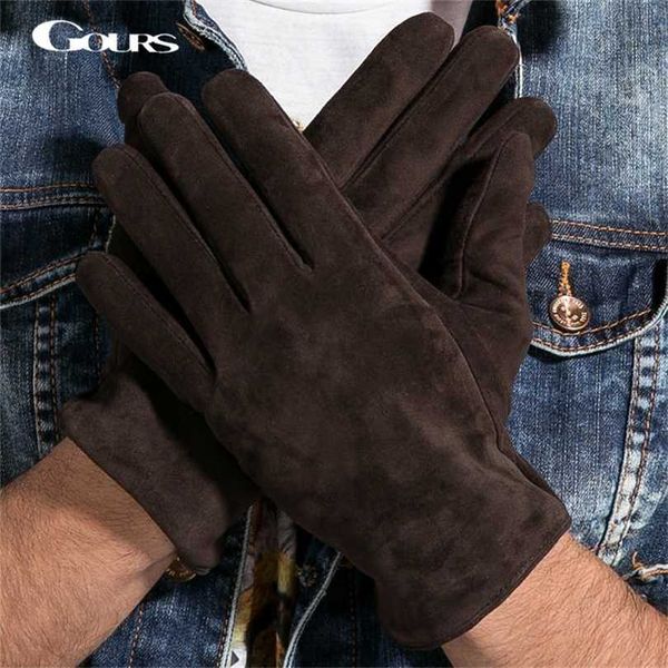 

gours winter long genuine leather gloves men suede black warm touch screen brand goatskin mittens luvas gsm023 211124, Blue;gray