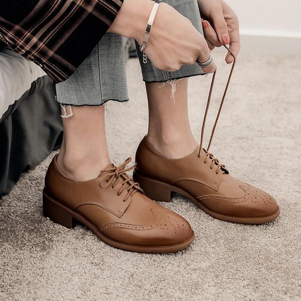 

dress shoes 2021 women pumps cow leather autumn spring brogue style round toe lace up square heel high heels party wedding, Black