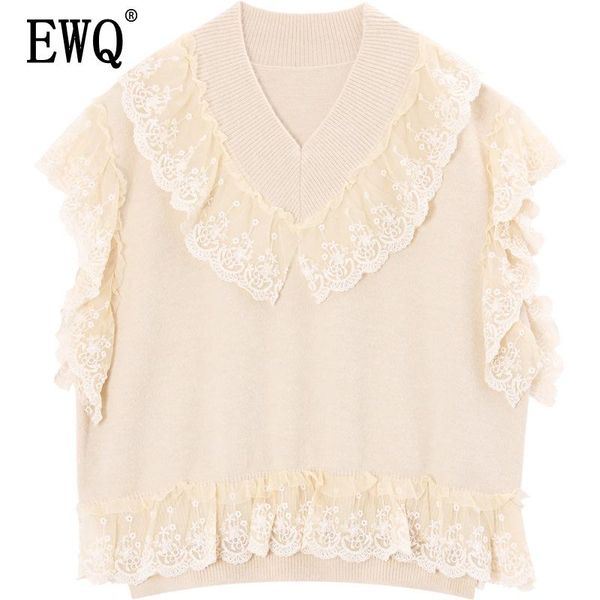 

women's vests [ewq] 2021 spring summer arrivals v-neck sleeveless solid pattern lace patchwork women casual pullover vest ay67101, Black;white