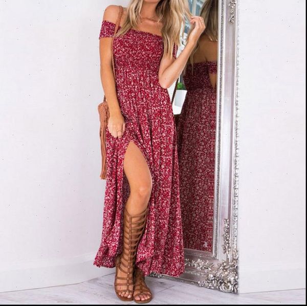 

bohemian womens dresses maxi dress robe femme boho floral women split long vestido strapless beach summer sundresses, Black;gray