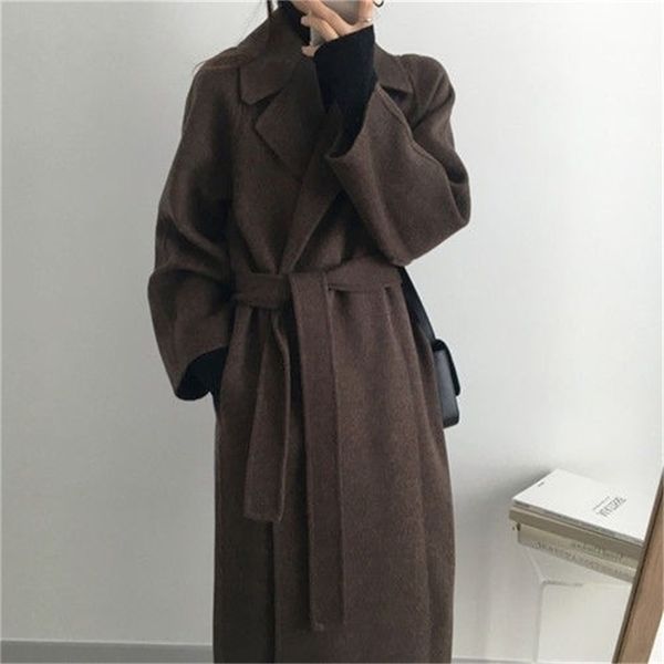 

autumn winter women woolen coat with belt long sleeve turn down collar warm plus size manteau femme casual ladies jacket 210812, Tan;black