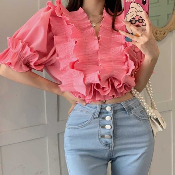 

summer cascading ruffles v-neck puff sleeve women sweet solid color chic pullover blouse 210526, White