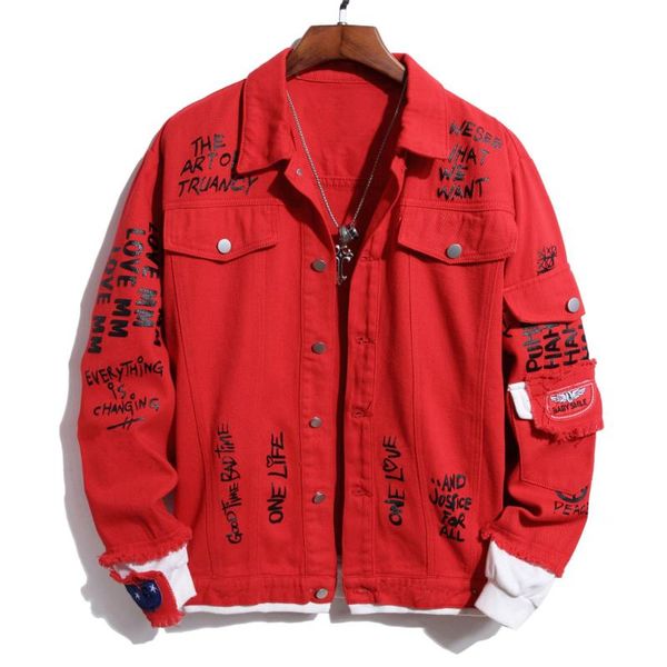 

men's jackets 2021 spring denim jacket men fashion letter flower printed red jeans coat fake two-pieces veste homme s-xxxl, Black;brown
