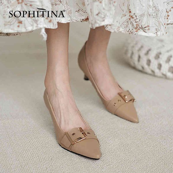 

sophitina pointed-toe shoes women belt square buckle thin heel elegant shoes shallow mouth tpr non-slip leather lady pumps ao263 210513, Black