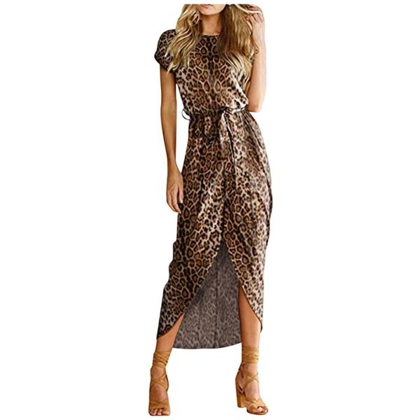 

casual dresses leopard print dress short sleeve slit solid for women party summer long maxi vestidos mujer verano 2021, Black;gray