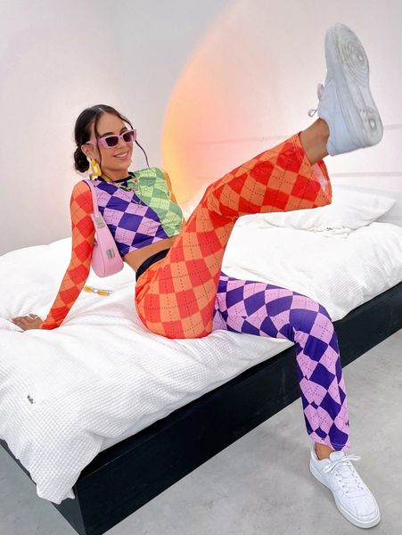 

argyle print color block crop & flare leg pants m8xk#, White