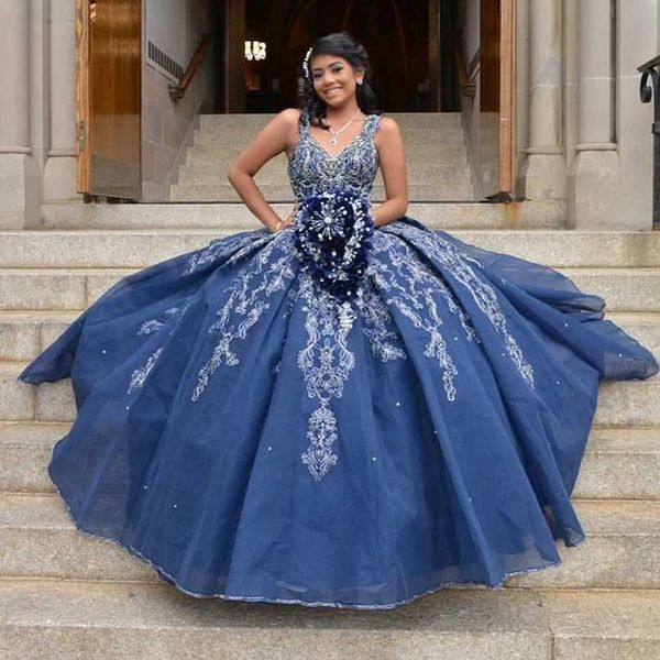 Princess Royal Blue Lace Ball vestido Quinceanera vestidos sexy v pesco
