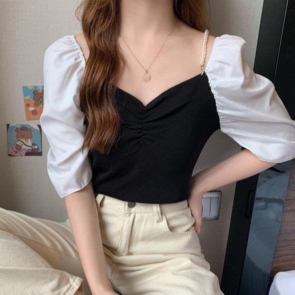 

women's blouses & shirts women patchwork female cozy v-neck design sweet casual street summer arrive cropped short puff sleeve ins, White