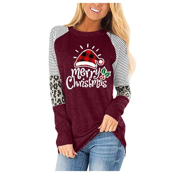 

women's t-shirt autumn winter ladies merry christmas printed round neck long-sleeved loose casual hedging woman, White