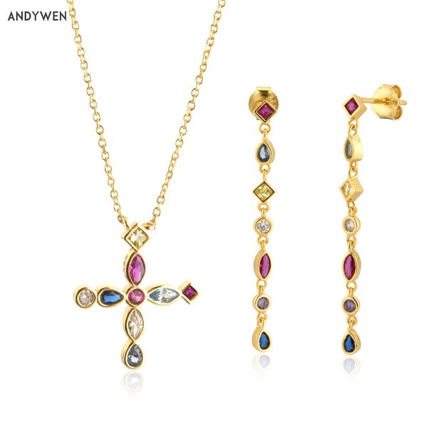 

andywen 925 sterling sier gold rainbow cross zircon nelace long chain drop earring 2021 ro punk fashion fine jewelry set, Golden;silver